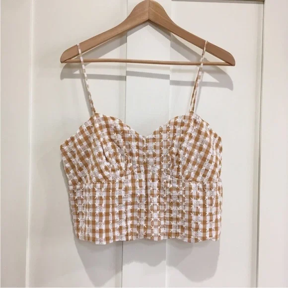 Anthropologie Maeve Gingham Crop Top EUC Embroidered Floral Smocked Tank Corset - Picture 1 of 11